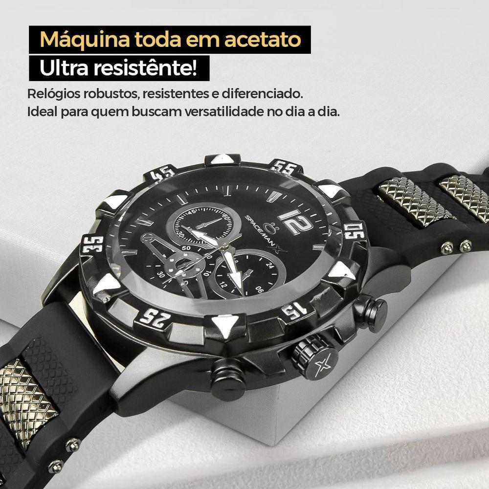 Relogio Masculino Preto + Cordão Prata Grumet + Pulseira - 4