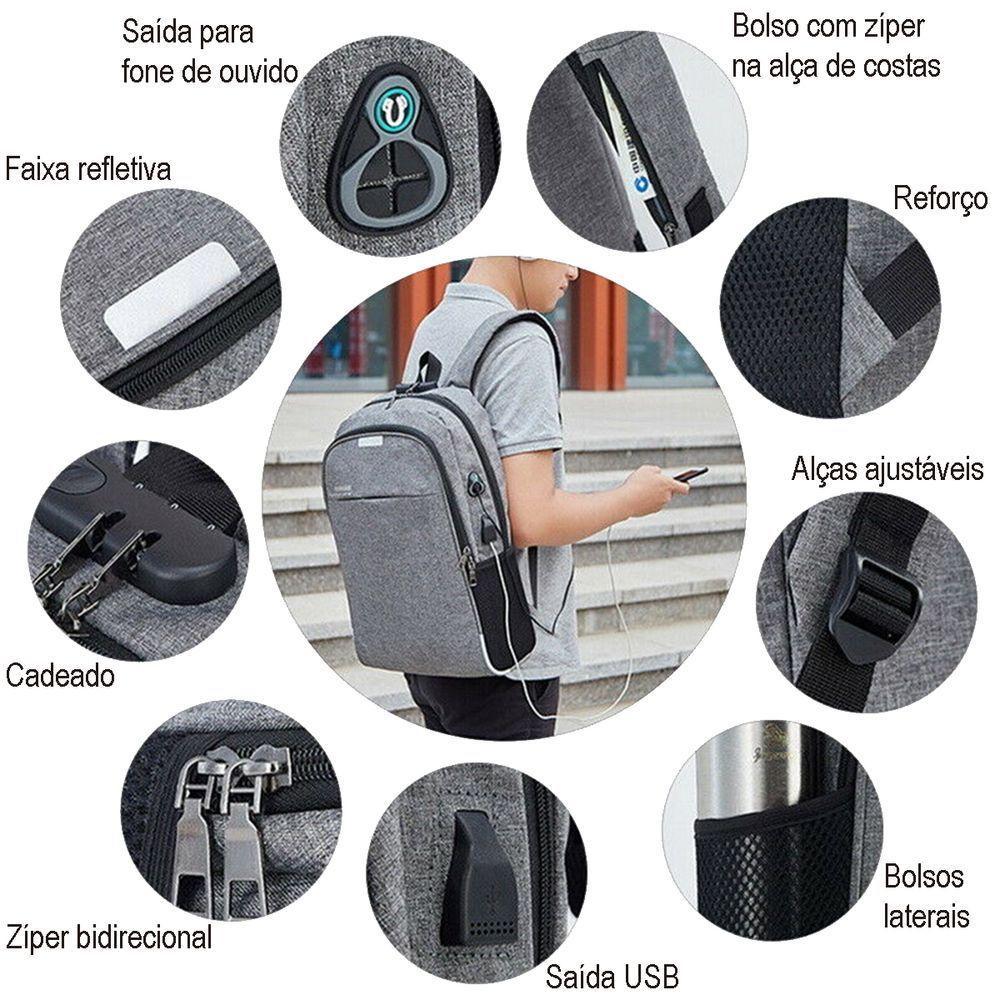 Mochila Notebook Com Cadeado Anti Furto Lorben Saída Cabo Auxiliar Usb Fone Ouvido Gt6238 - 5