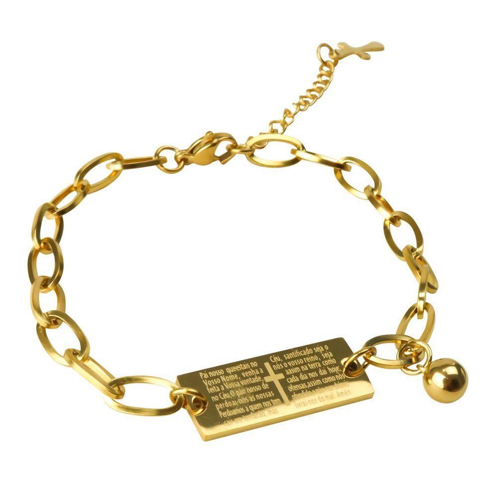 Pulseira Masculina Aço Dourada Religião Presente Religiosa - 1