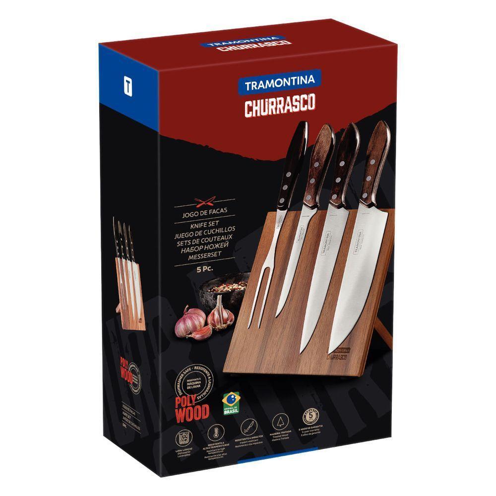 Jogo Para Churrasco Tramontina Em Aço Inox Cabos Em Madeira Polywood Castanho 5 Peças - 3