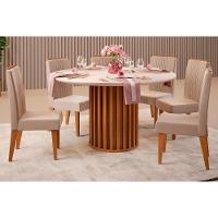 Sala De Jantar Completa Viena Tampo Madeirado C- Vidro 136cm E 6 Cadeiras Lia Freijo-off White - Suede Kraft - Dj Móveis - 1