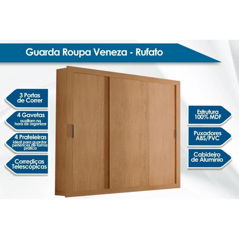 Guarda Roupa 3 Portas De Correr E 4 Gavetas Veneza Naturalle-ripado 3d - 3