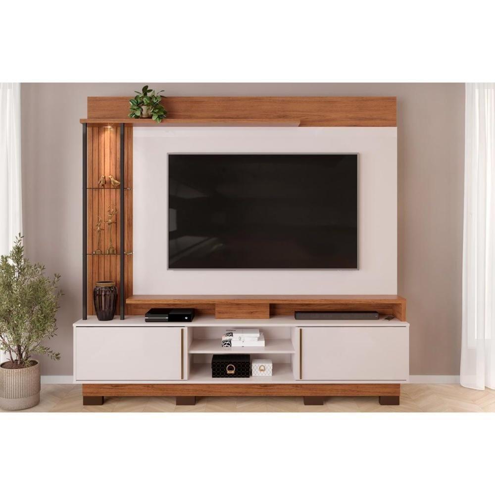 Home P/ Tv Até 70 Polegadas Martino C/ Prateleira Nichos E Pés 200x190cm Freijó/off White - Dj Móveis - 1