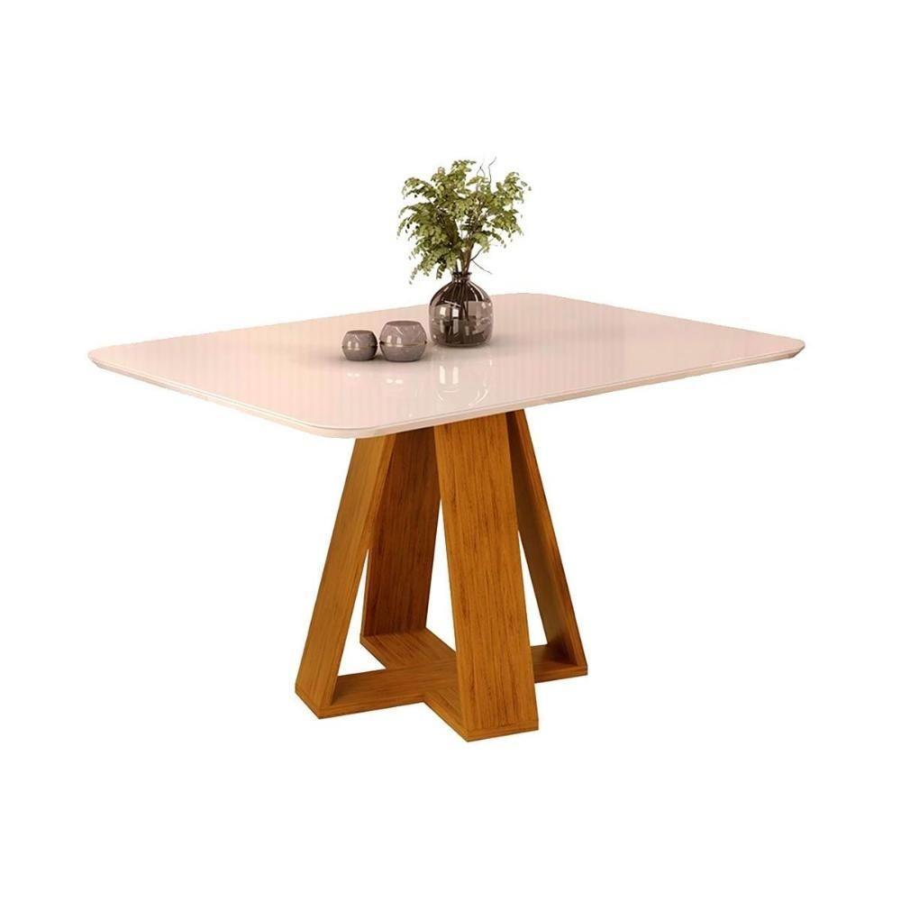 Mesa De Sala Jantar Celeste C- Tampo Madeirado Vidro Curvo 120x90cm Cedro-off White - Dj Móveis - 1