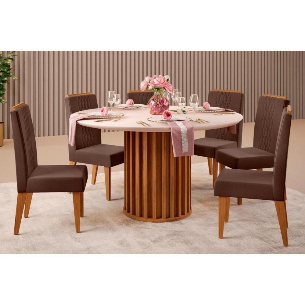 Sala De Jantar Completa Viena Tampo Madeirado C- Vidro 136cm E 6 Cadeiras Bia Freijo-off White - Suede Moca - Dj Móveis - 1