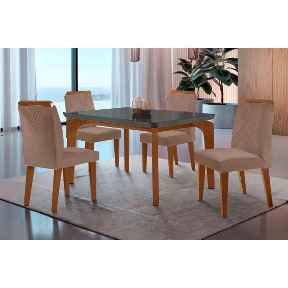 Sala De Jantar Completa Londrina C- Tampo Madeirado Vidro Canto Curvo 120x80cm E 4 Cadeiras Amsterdã Imbuia-grafite - Veludo Capuccino - Rufato - 1