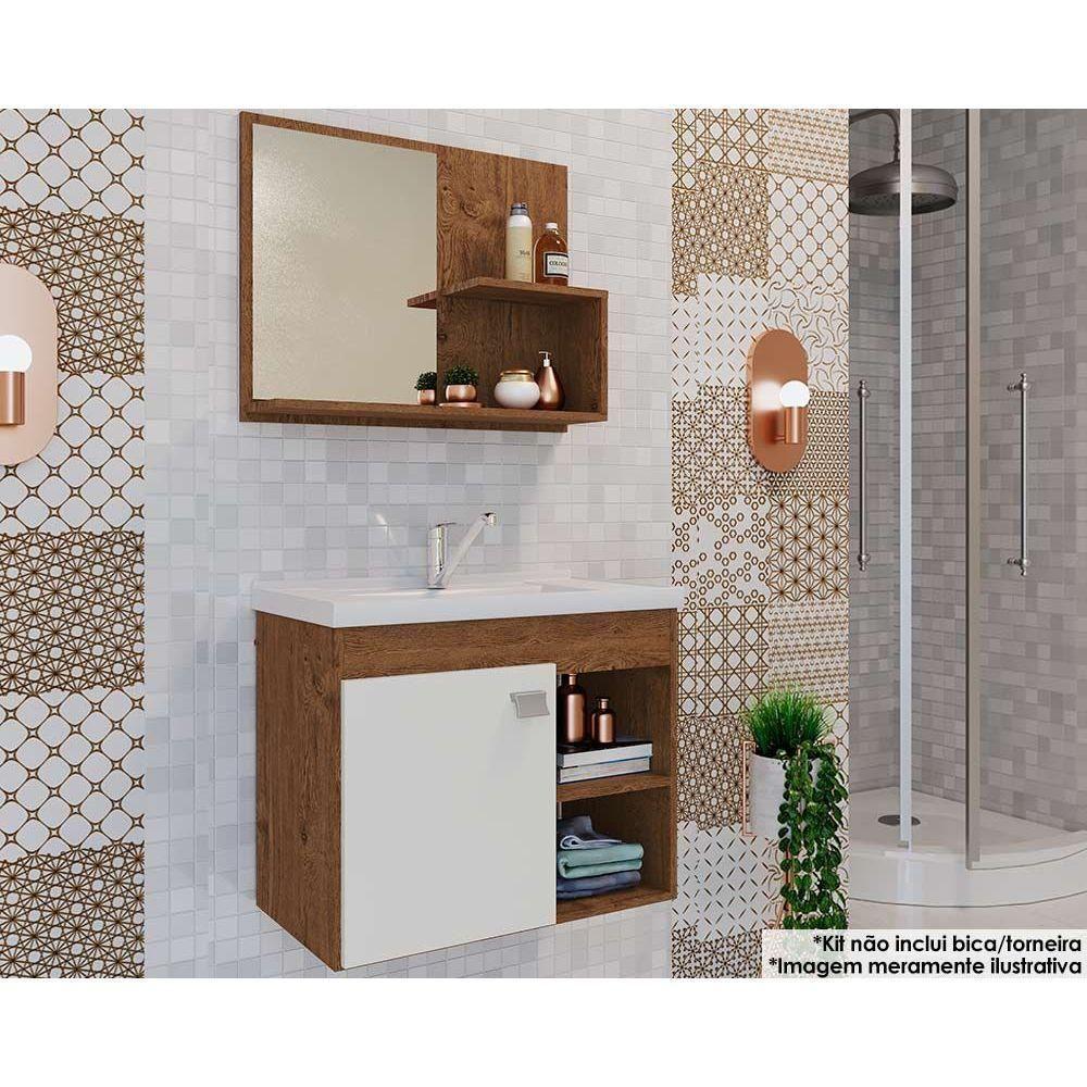 Balcão Para Banheiro Suspenso LótuSem bia Com Cuba 55cm E Armário Com Espelho Amendoa-branco - Mgm - 1