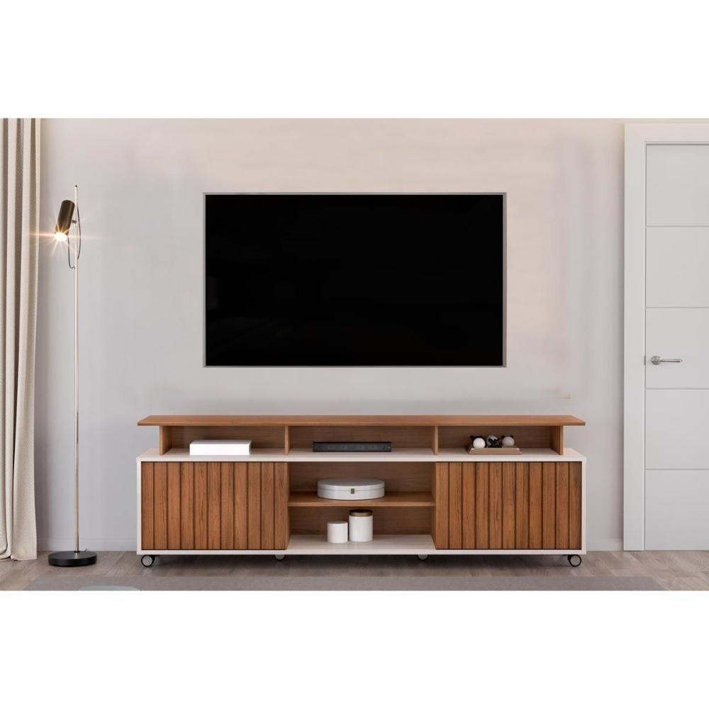 Rack Bancada Para Tv Até 70 Polegadas Olimpic Ripado Com Nichos E Rodizios 180x60cm Freijó-off White - Dj Móveis - 1