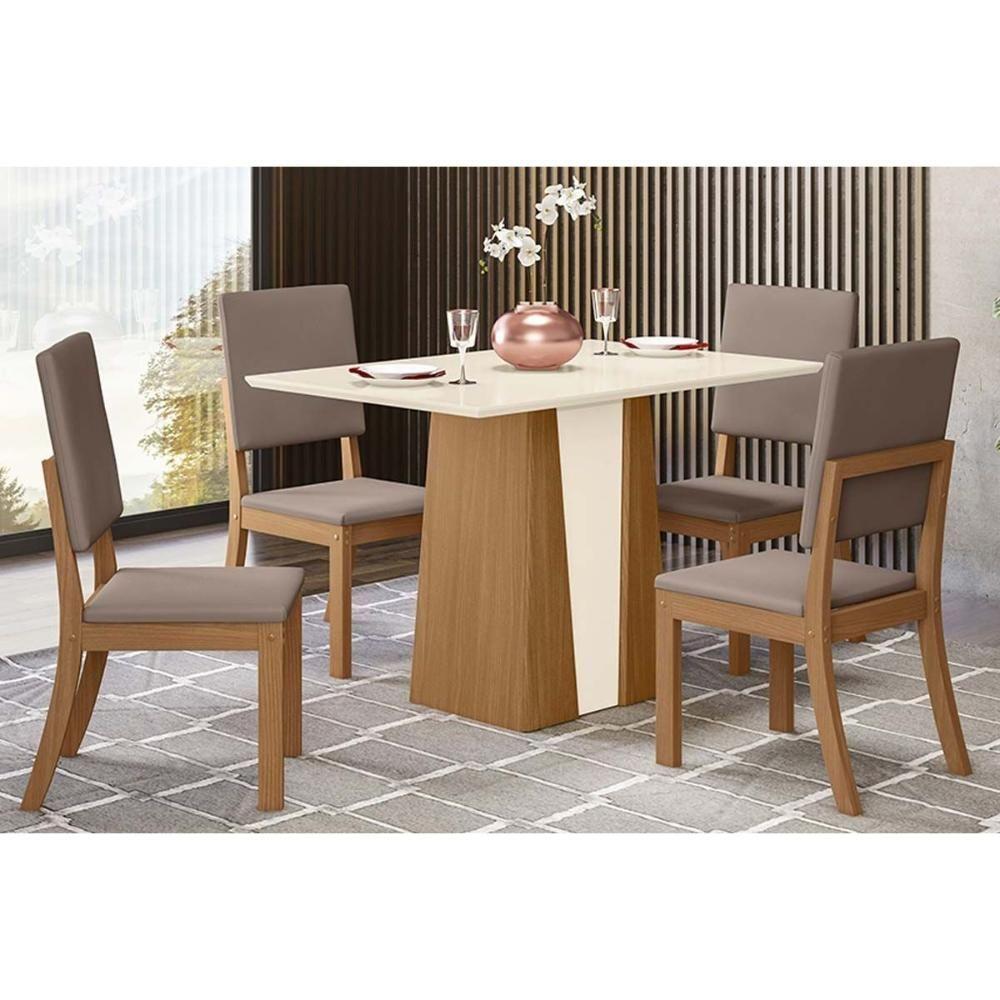 Sala De Jantar Completa Orus C- Tampo Madeirado 120x80cm E 4 Cadeiras Milla Nature-off White - Suede Marrom - Henn - 1