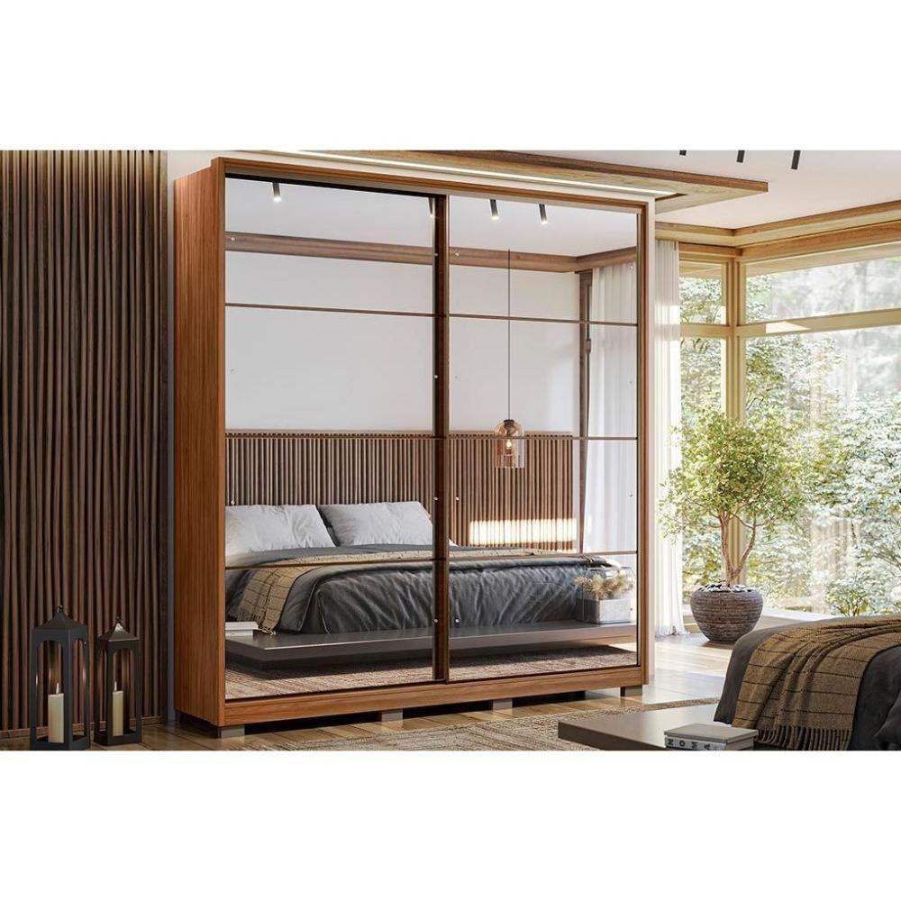 Guarda Roupa Solteiro 2 Portas De Correr 3 Gavetas C- Espelho E Pés Belga Nogueira - 1