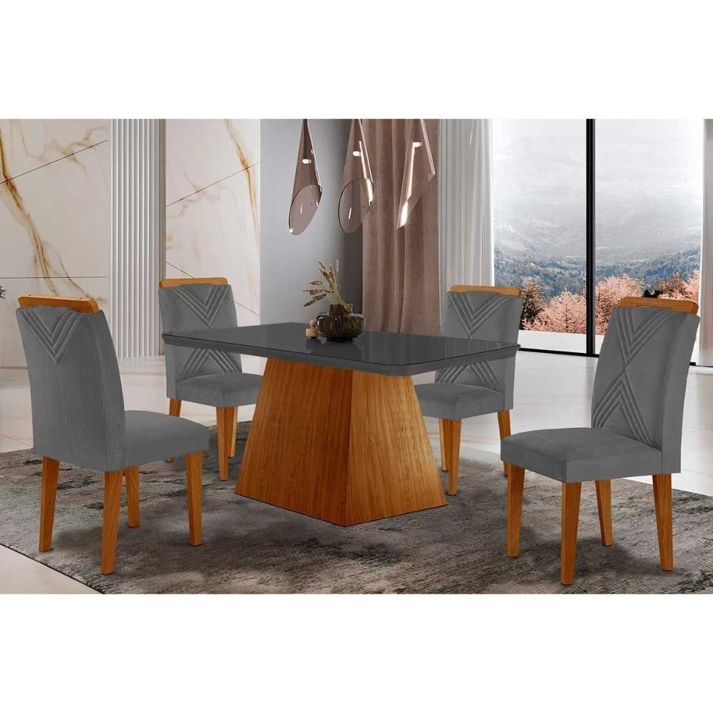Sala De Jantar Completa Luna Tampo Madeirado C- Vidro Canto Curvo 120x80 E 4 Cadeiras Amsterdã Imbuia-veludo Grafite - Rufato - 1