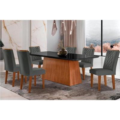 Sala De Jantar Completa Luna C- Tampo De Vidro Canto Curvo 180x90cm E 6 Cadeiras Jade Imbuia-grafite - Suede Grafite - Rufato