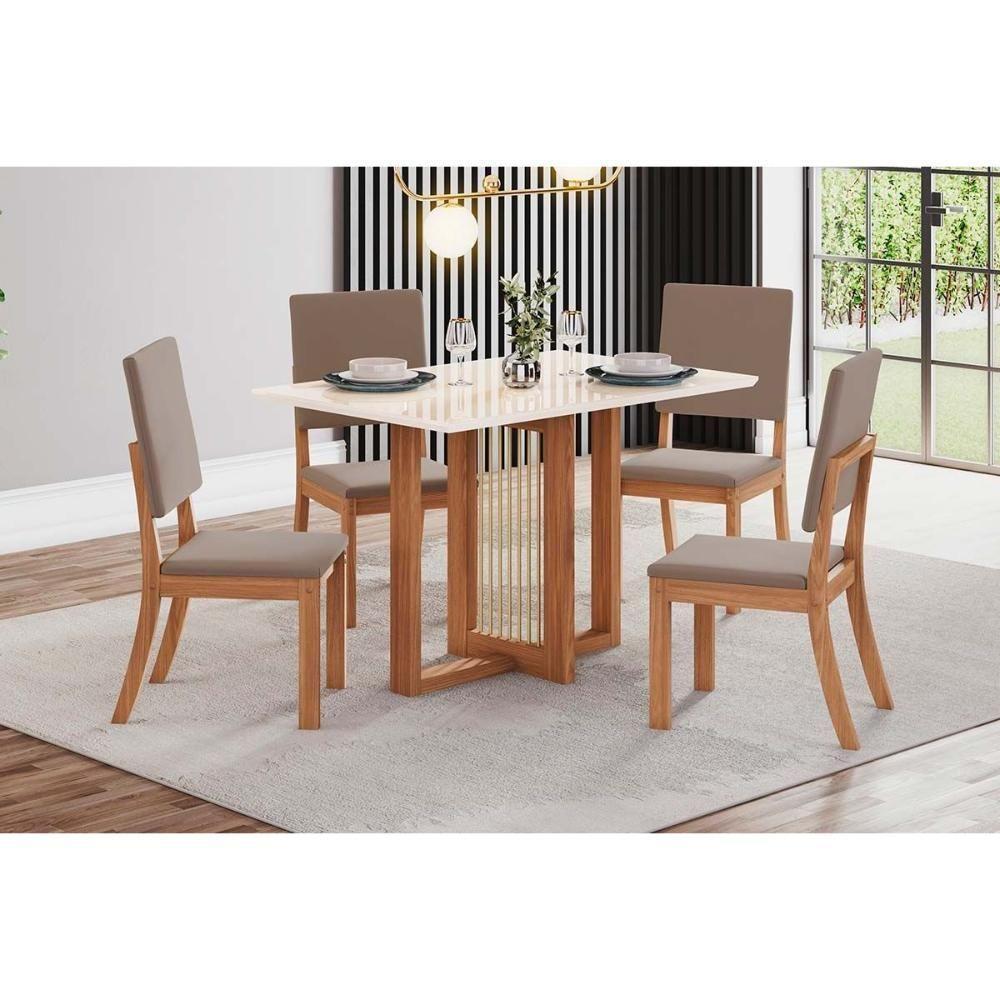Sala De Jantar Completa Natalí C- Tampo Madeirado C- Vidro Reto 120x80cm E 4 Cadeiras Milla Nature-veludo Light Marrom Amêndoa - Henn - 1