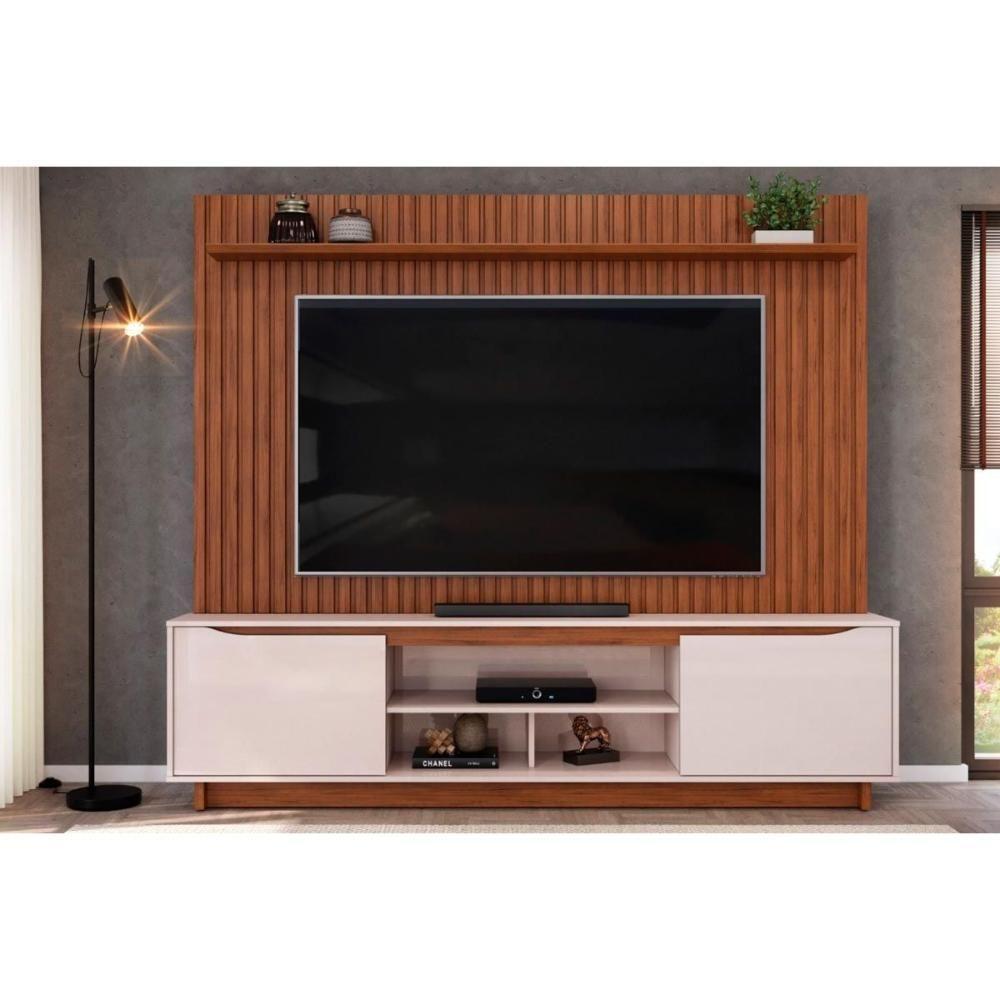 Home P/ Tv Até 70 Polegadas Enzo C/ Prateleira Nichos E Pés 200x188cm Freijó/off White - Dj Móveis - 1