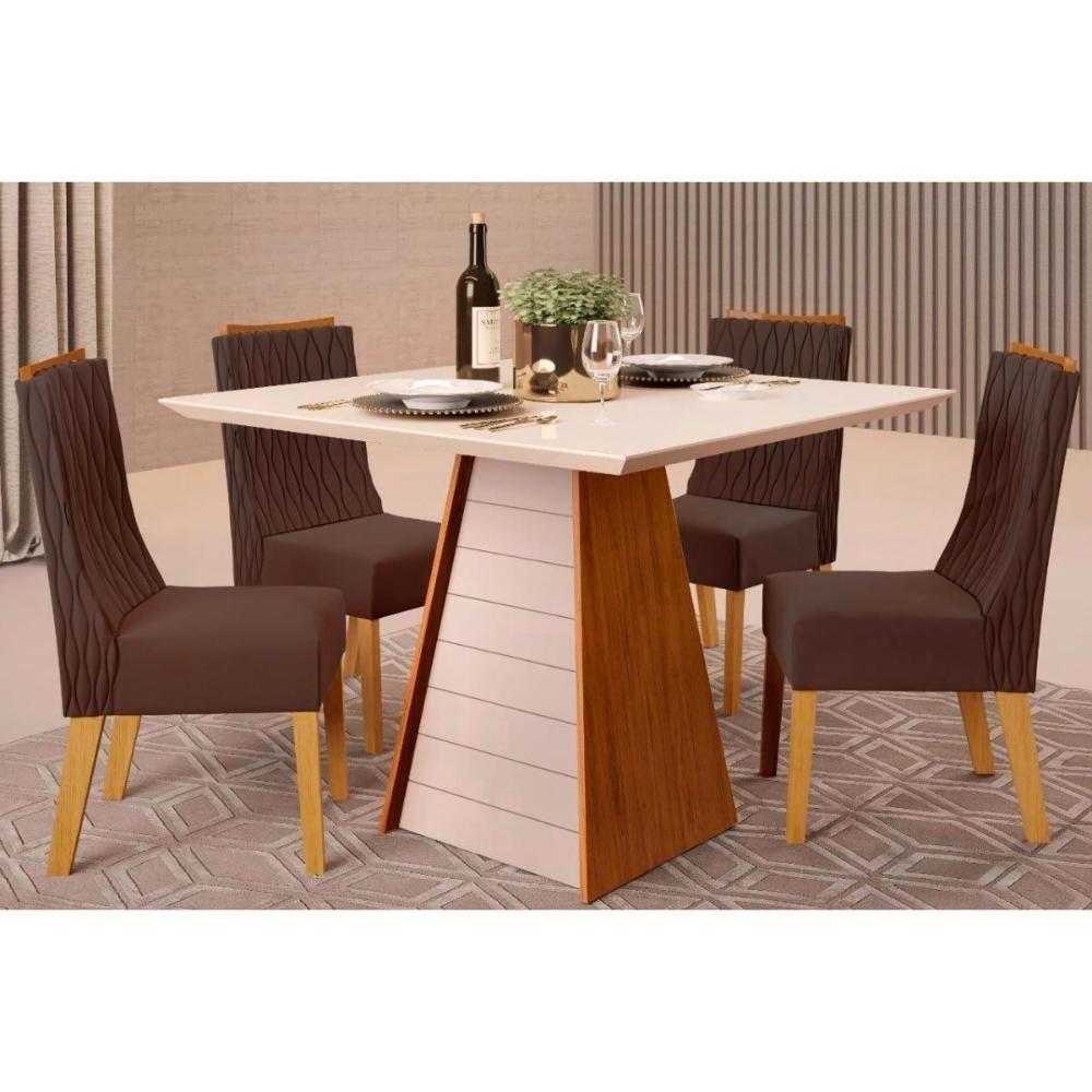 Sala De Jantar Completa Fler Tampo Madeirado C- Vidro 90x90cm E 4 Cadeiras Jade Freijo-off White - Suede Moca - Dj Móveis - 1