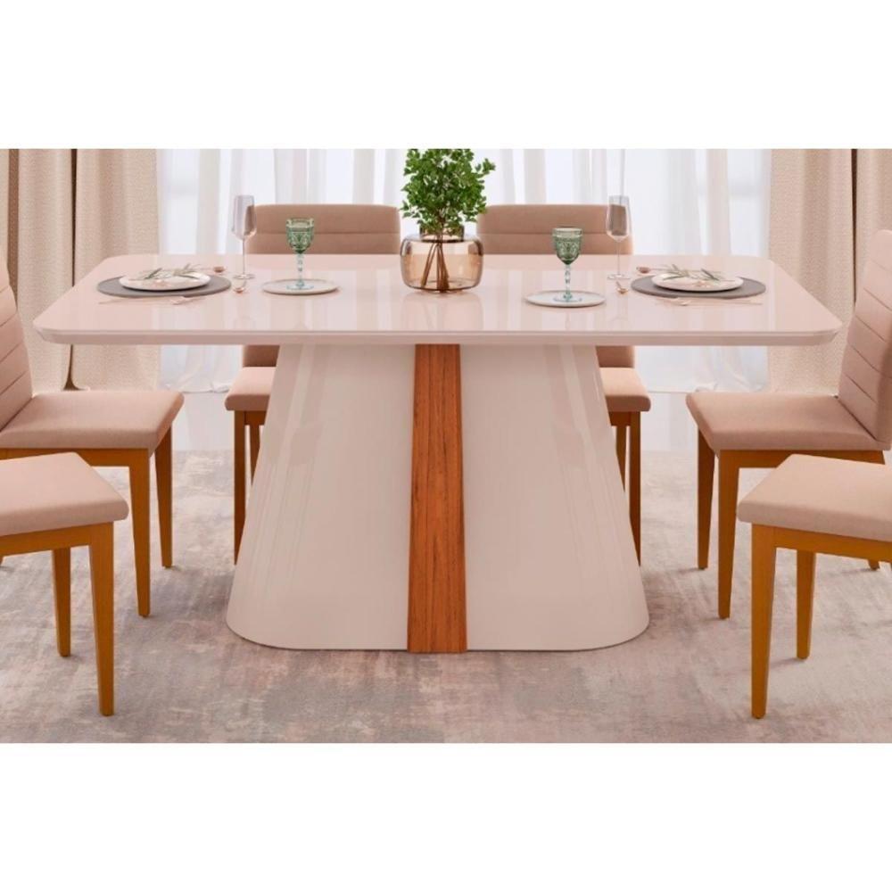 Mesa De Sala Jantar Ryze C- Tampo Madeirado Vidro Curvo 180x100cm Off White-freijó-off White - Dj Móveis - 5