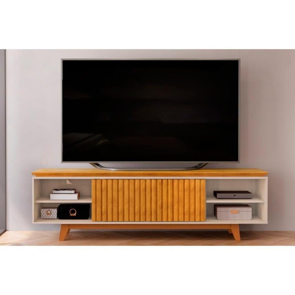 Rack Bancada Para Tv Até 75 Polegadas Loren Ripada Com Nichos 200x58cm Cedro-bali - Dj Móveis - 1