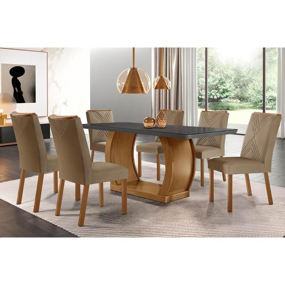 Sala De Jantar Completa Jade C- Tampo Madeirado Vidro Canto Curvo 180x90cm E 6 Cadeiras Amsterdã Imbuia-grafite - Suede Capuccino - Rufato - 1