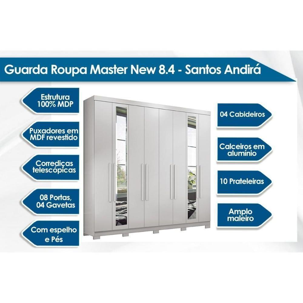 Guarda Roupa 8 Portas (2 C- Espelho) E 4 Gavetas C- Pés Master New 8.4 Branco - 3