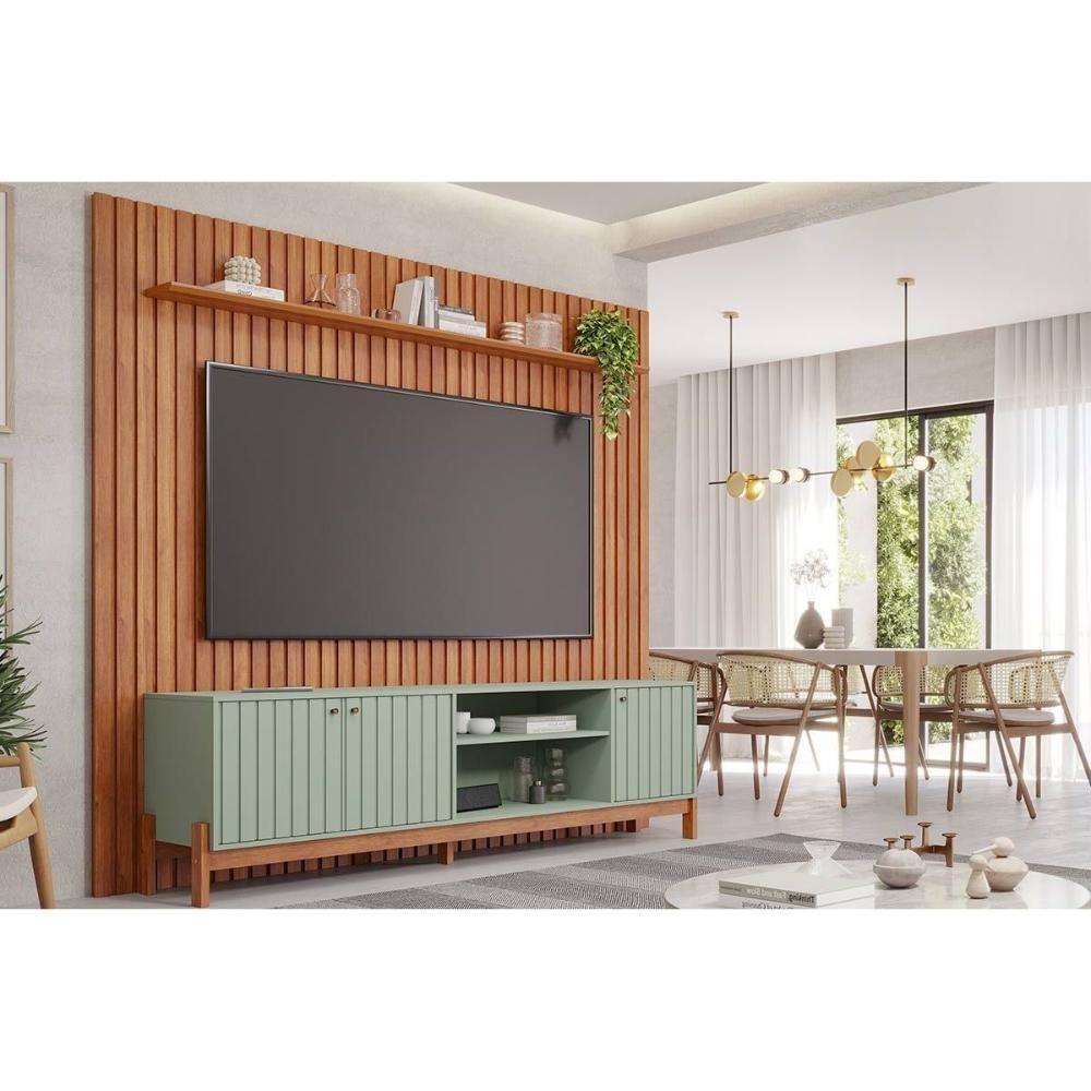 Rack Bancada Com Painel Para Tv Até 75 Pol Maragogi-holanda Ripado 4 Portas 230x220cm Salvia-cinamomo - Permóbili - 1