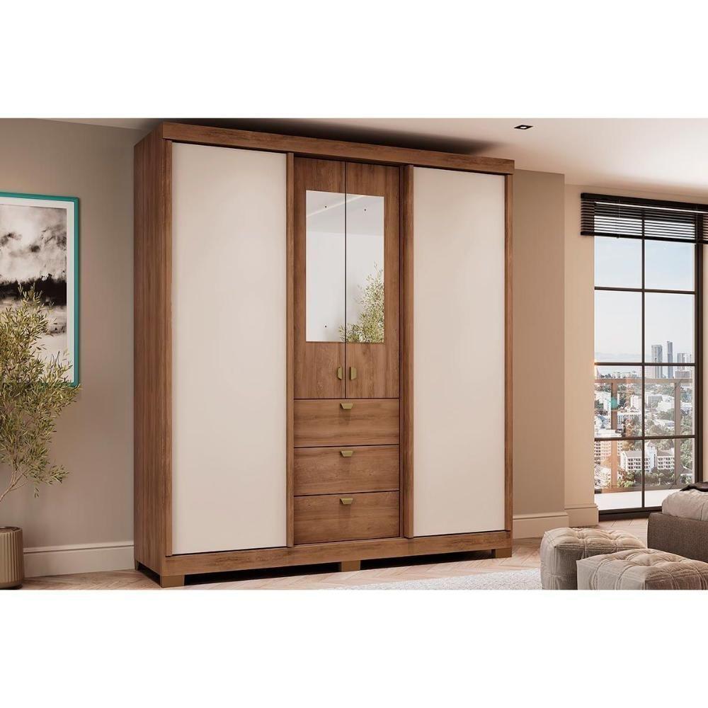 Guarda Roupa Casal 4 Portas E 3 Gavetas C- Espelho Fit 1174 C- Pés Flex Freijo Ou Freijo Off White - 1