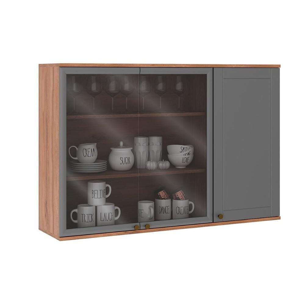 Armário Aéreo Para Cozinha Bella 2600 Com 3 Portas (2 Com Vidro) 120cm Nogal-cinza - Carraro - 1