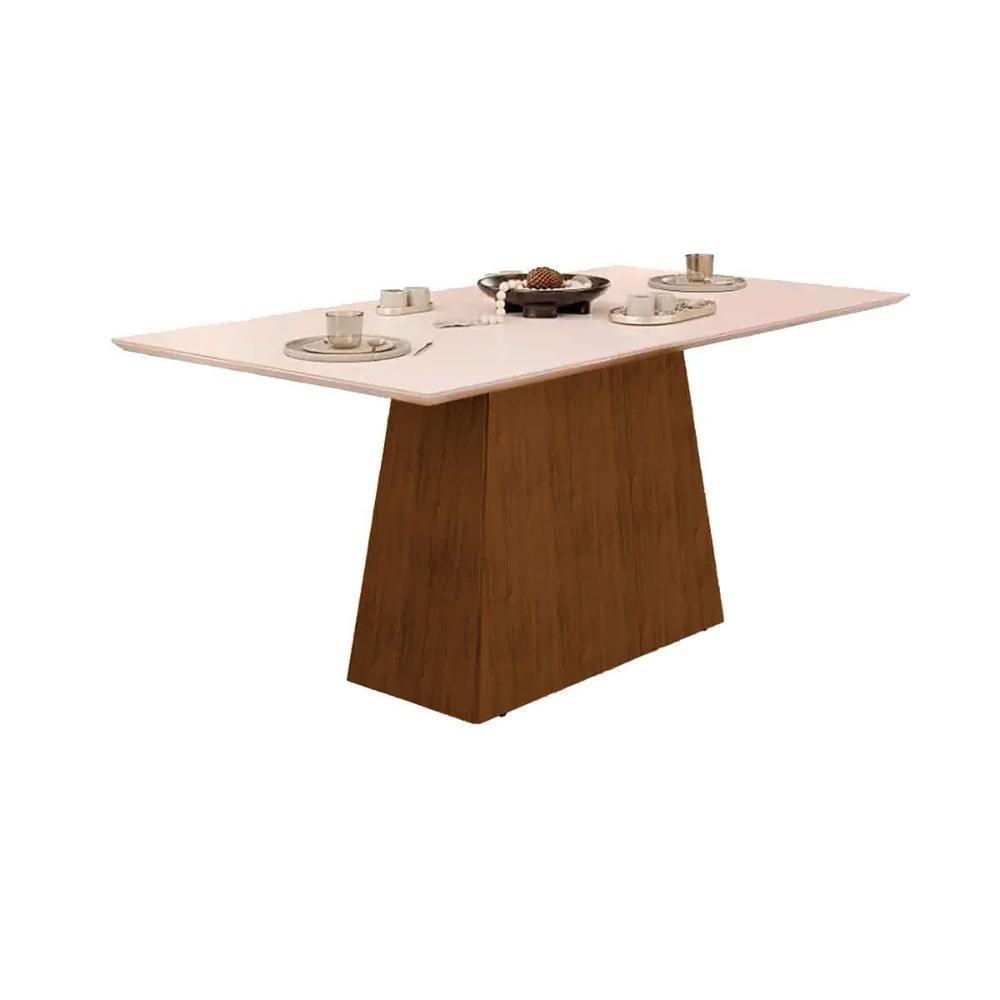 Mesa De Sala Jantar Dulce C- Tampo Madeirado Vidro Reto 180x90cm Freijó-off White - Dj Móveis - 1