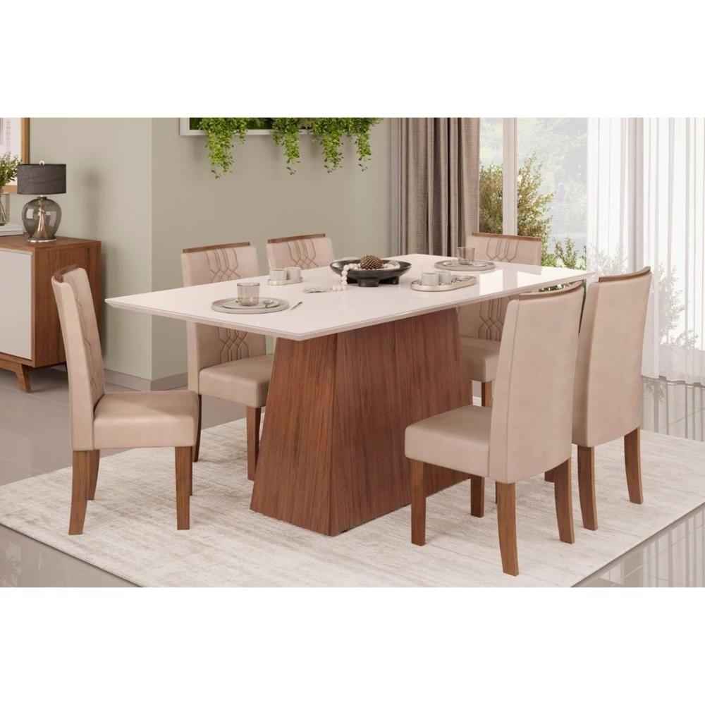 Mesa De Sala Jantar Dulce C- Tampo Madeirado Vidro Reto 180x90cm Freijó-off White - Dj Móveis - 5