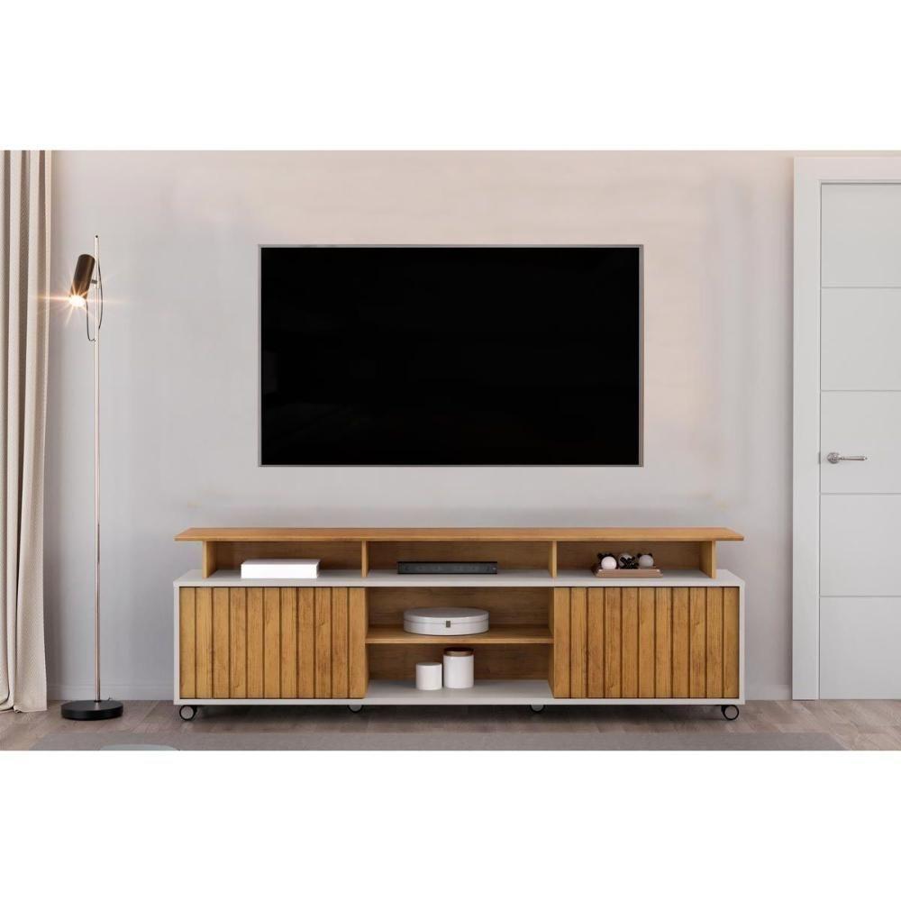 Rack Bancada Para Tv Até 70 Polegadas Olimpic Ripado Com Nichos E Rodizios 180x60cm Cedro-bali - Dj Móveis - 1