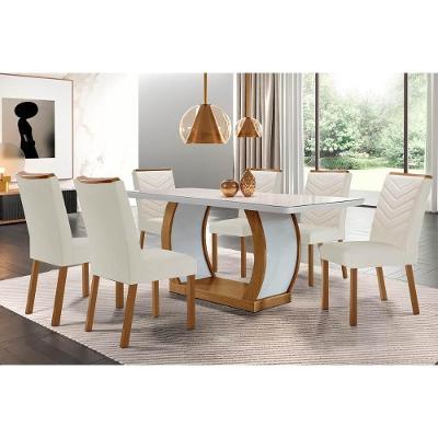 Sala De Jantar Completa Jade Tampo Madeirado C- Vidro Canto Curvo 180x90cm E 6 Cadeiras Londrina Imbuia-off White - Suede Creme - Rufato