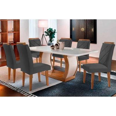 Sala De Jantar Completa Jade Tampo Madeirado C- Vidro Curvo 180x90 E 6 Cadeiras Melissa Capuccino-suede Grafite - Rufato