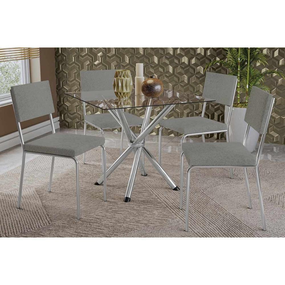 Sala De Jantar Completa Volga C- Tampo De Vidro 90x90cm E 4 Cadeiras Zaria Cromado - Boucle Cinza - Kappesberg - 1
