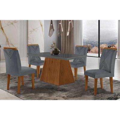 Sala De Jantar Completa Luna Tampo Madeirado C- Vidro Curvo 120x80 E 4 Cadeiras Amsterdã Imbuia - Veludo Grafite - Rufato