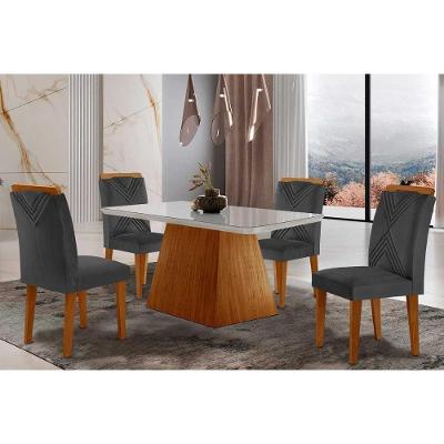 Sala De Jantar Completa Luna Tampo Madeirado C- Vidro Canto Reto 120x80 E 4 Cadeiras Amsterdã Imbuia - Veludo Grafite - Rufato