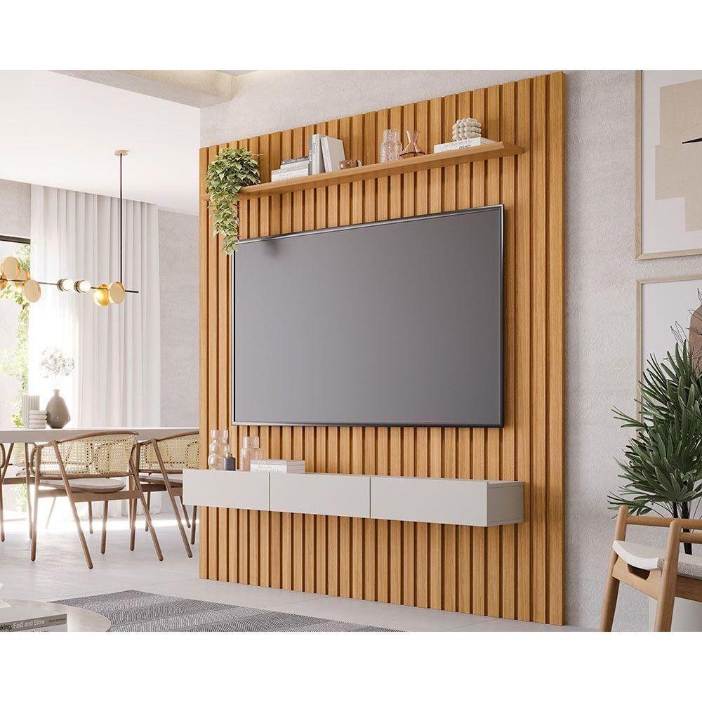 Painel Quarto P/ Tv Até 65 Pol Maragogi Ripado C/ 1 Porta E 2 Gavetas 185x220cm Nature/off White - Permóbili - 1