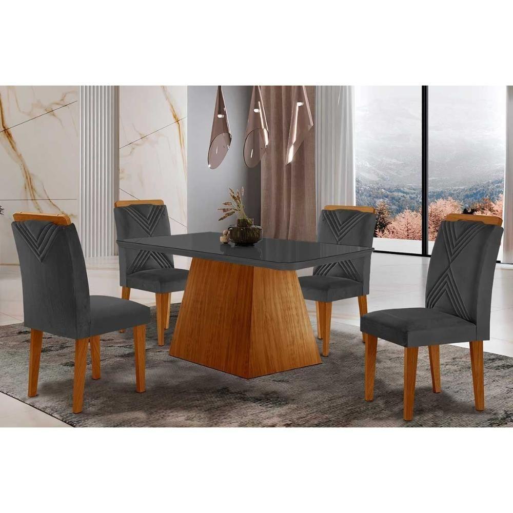 Sala De Jantar Completa Luna Tampo Madeirado C- Vidro Canto Reto 120x80 E 4 Cadeiras Amsterdã Imbuia - Veludo Grafite - Rufato - 1