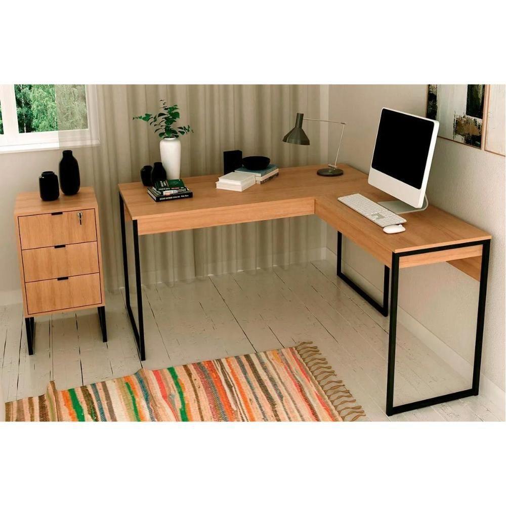 Escritório Completo Industrial 1 Mesa De Canto Para Escritório, 1 Gaveteiro 2 Peças Amêndoa-preto - 1