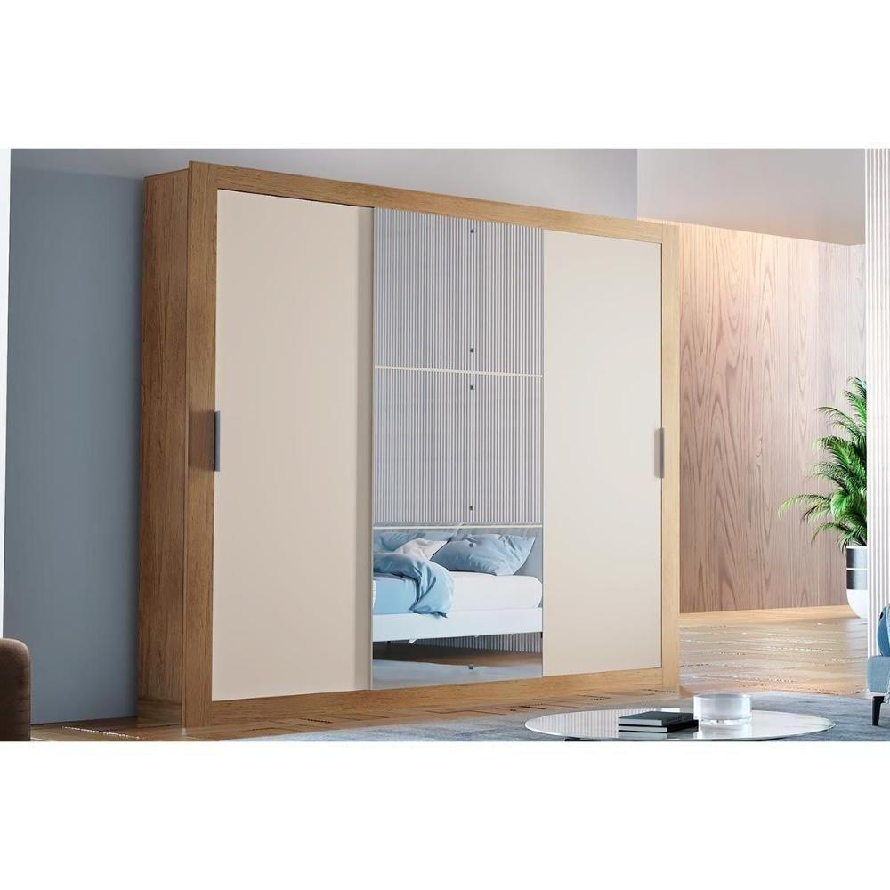 Guarda Roupas 3 Portas De Correr De (1 C- Espelho) E 4 Gavetas Veneza Luxo Naturalle-ripado 3d - 10