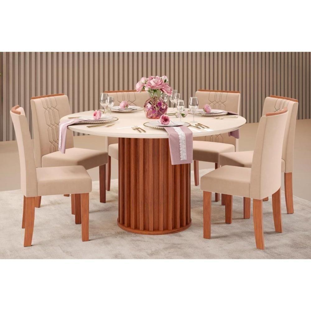 Sala De Jantar Completa Viena Tampo Madeirado C- Vidro 136cm E 6 Cadeiras Zoe Freijo-off White - Suede Creme - Dj Móveis - 1
