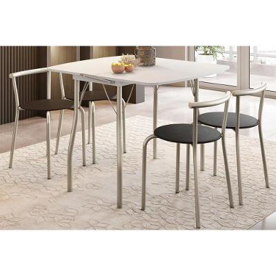 Conjunto Sala de Jantar Completa Mesa Dobrável e 4 Banquetas 4 Lugares Tampo MDP Prata Branco Preto