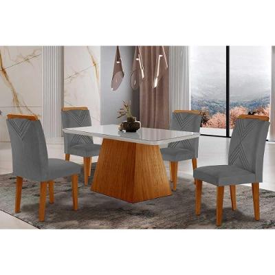Sala De Jantar Completa Luna Tampo Madeirado C- Vidro Canto Curvo 120x80 E 4 Cadeiras Amsterdã Imbuia-veludo Grafite - Rufato