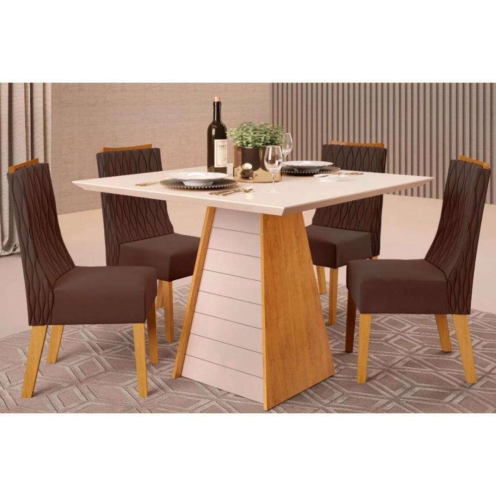 Sala De Jantar Completa Fler Tampo Madeirado C- Vidro 90x90cm E 4 Cadeiras Jade Cedro-off White - Suede Moca - Dj Móveis - 1