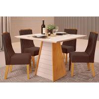 Sala De Jantar Completa Fler Tampo Madeirado C- Vidro 90x90cm E 4 Cadeiras Jade Cedro-off White - Suede Moca - Dj Móveis - 1