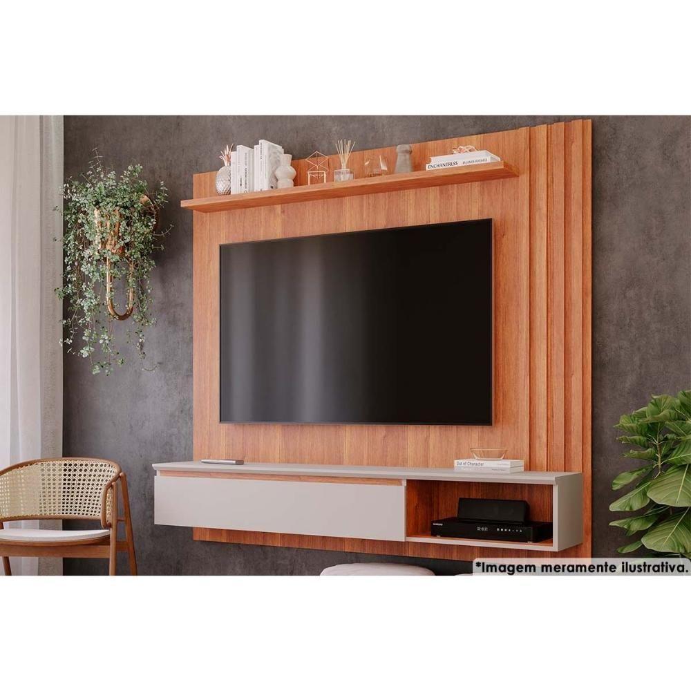 Rack Bancada Com painel Para tv Até 60 Polegadas Panama Plus Ripado Prateleira 162x157cm Cinamomo-off White - Permóbili - 1