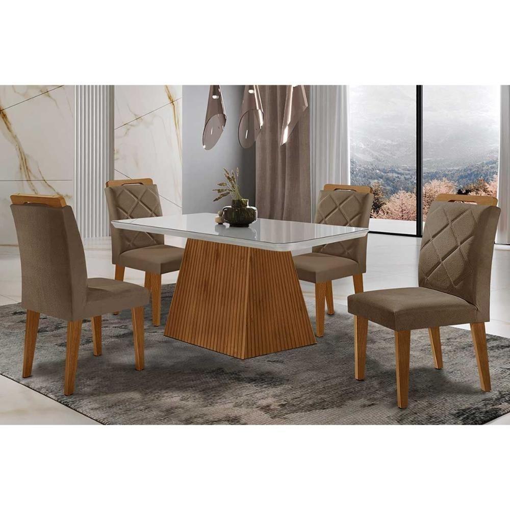 Sala De Jantar Completa Luna Tampo Madeirado C- Vidro Curvo 120x80 E 4 Cadeiras Melissa Imbuia - Veludo Capuccino - Rufato - 1