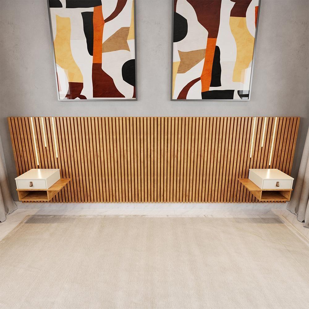 Cabeceira Casal E Queen Ripada Manila 2 Mesas E Led Nature/perola Nature/perola - 3