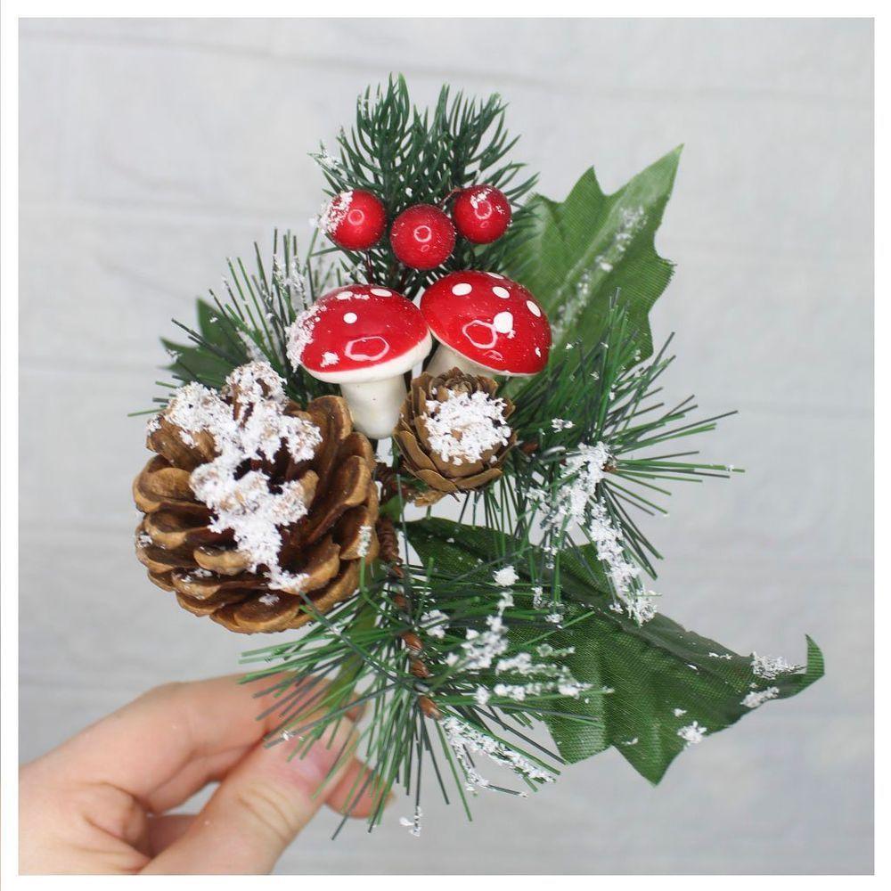 1 Ramo Cogumelo Decoração Natal Artificial Com Detalhes Branco 17cm - 1