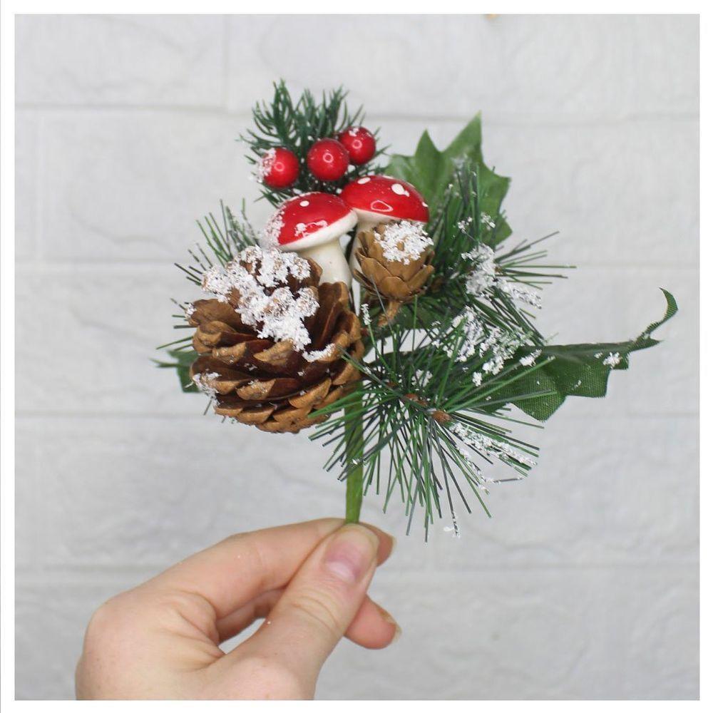 Kit 4 Ramos Cogumelo Decoração Natal Artificial Com Detalhes Branco 17cm - 3