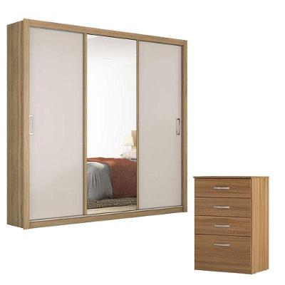 Cômoda e Guarda Roupa Casal Astral Residence 3 Portas de Correr 2 Gavetas em MDP Amêndola Touch Off