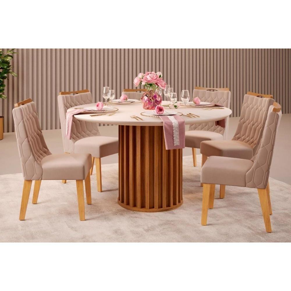 Sala De Jantar Completa Viena Tampo Madeirado C- Vidro 136cm E 6 Cadeiras Bia Freijo-off White - Suede Kraft - Dj Móveis - 1